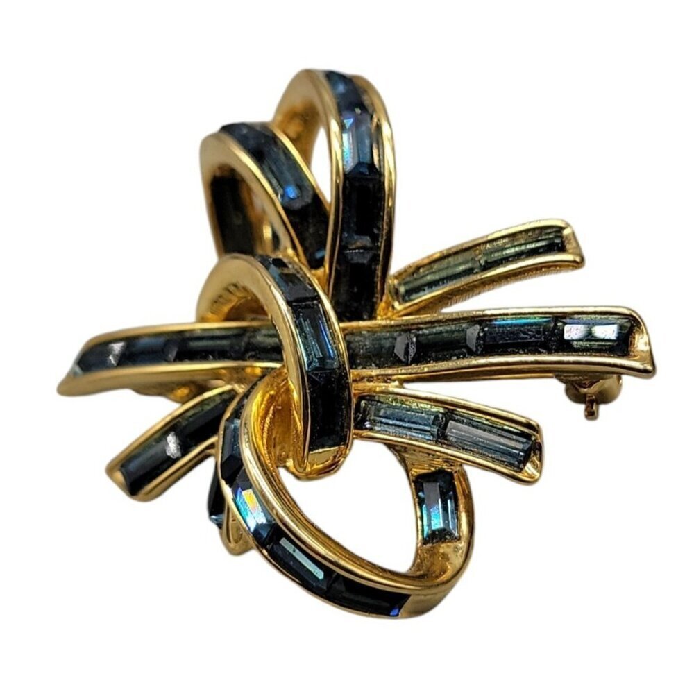 Nolan Miller Bow Brooch Baguette Rhinestones Vintage Retired Knot Gold Plated